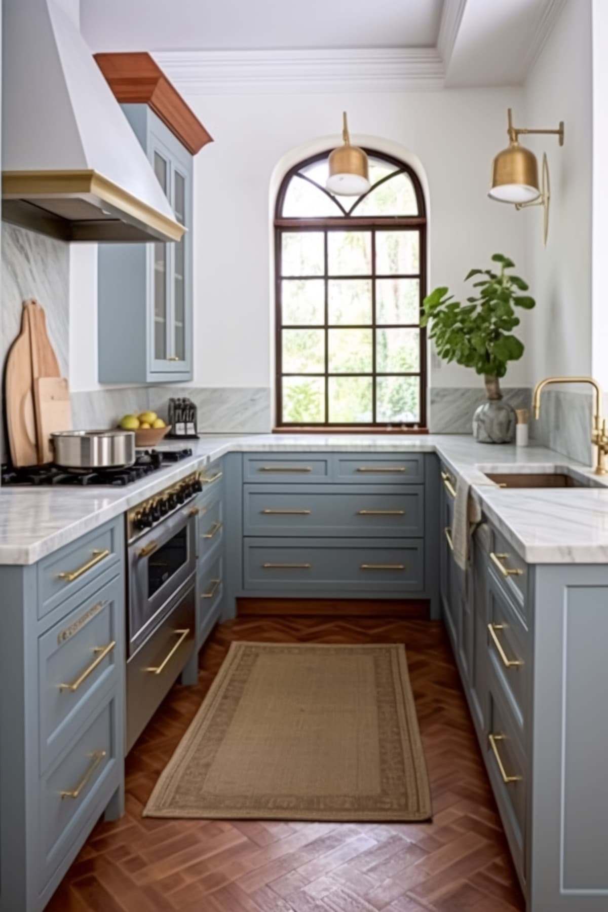Cozinha Clássica Azul com Janela Arqueada